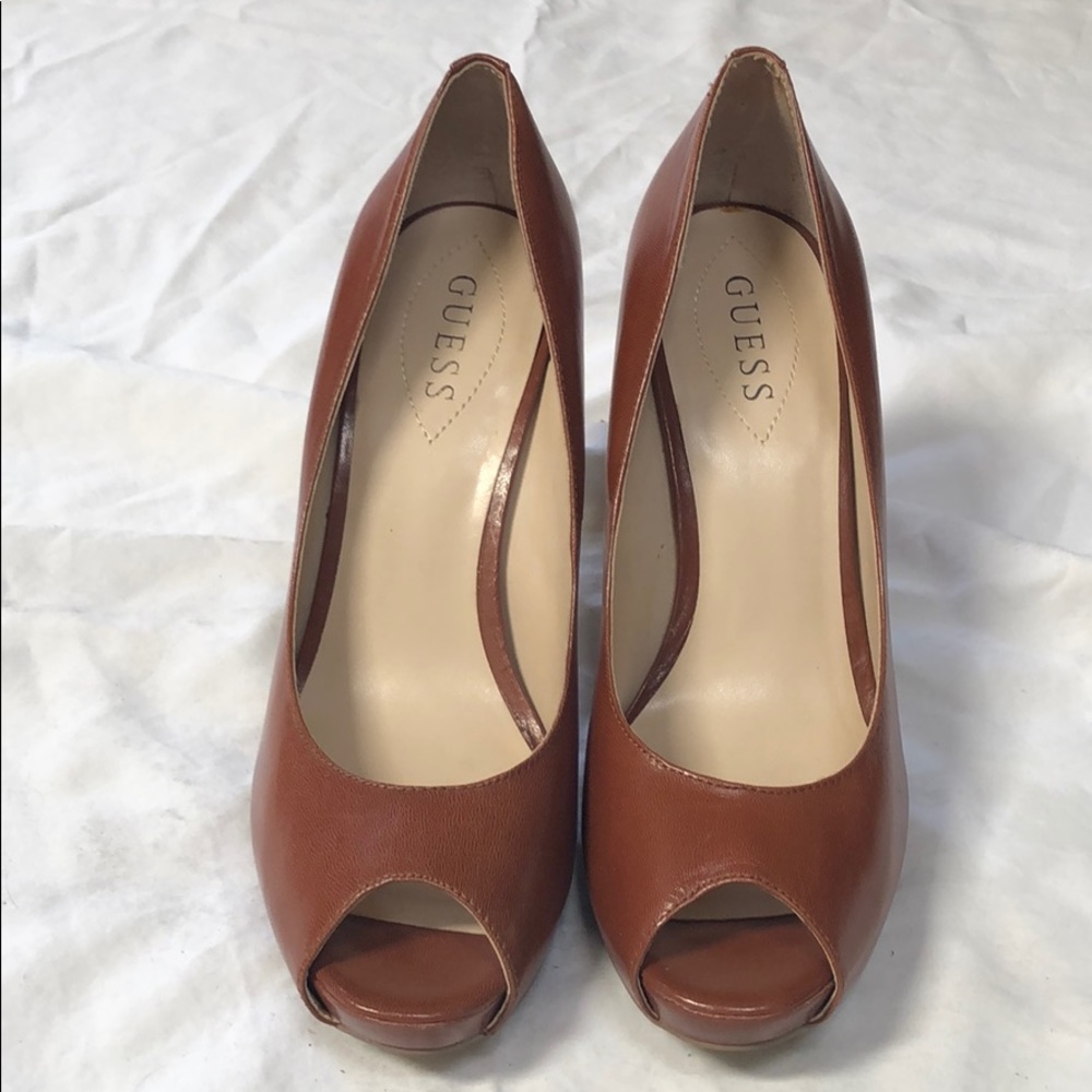 Cognac peep toe pumps